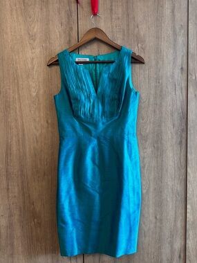 90s Kay Unger Women’s 100% Silk Sleeveless Teal Pleated V-Neck Sheath Dress 6